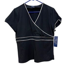 Chaps Faux Wrap Short Sleeve Shirt Blouse Black Casual Modest NWT Womens XL